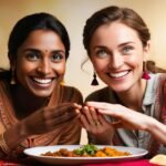 A georgian and a indian girl eating indian food inside the masala library restaurant in tbilisi