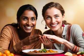 A georgian and a indian girl eating indian food inside the masala library restaurant in tbilisi