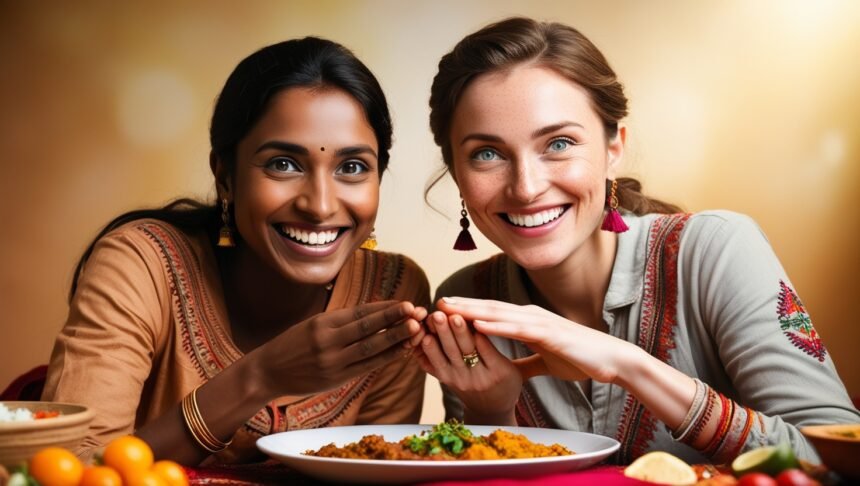 A georgian and a indian girl eating indian food inside the masala library restaurant in tbilisi